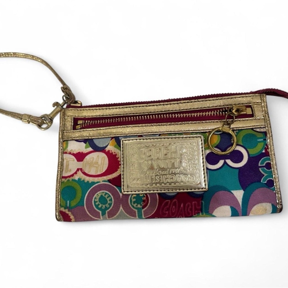 Vintage Y2K Coach Poppy Multicolor Wristlet 2009 Metallic Logo Bag Wallet boho - Picture 2 of 14